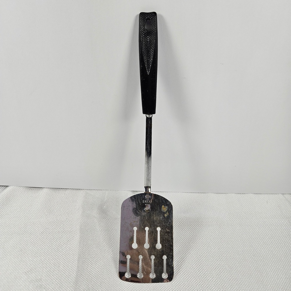 Vintage‎ EKCO USA Slotted Spatula Turner Black Handle Stainless Steel 12.5 inch